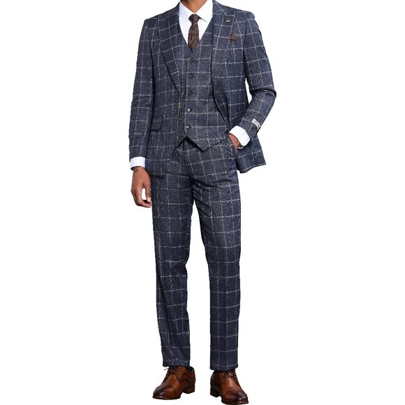 Charcoal/Grey  Windowpane 3 Piece Stacy Adams Men's Suit - Picture 1 of 5